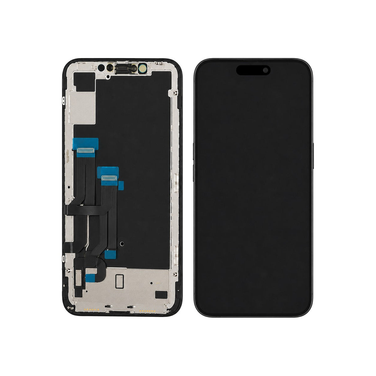 Écran iPhone 17 Original Reconditionné : la dalle vue de face et le dos du châssis avec ses nappes de connexion